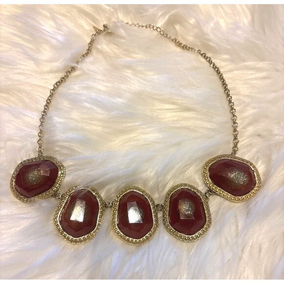 NY Gold-Tone Red Statement Bib Necklace Faceted faux stones gold accents 11” - Picture 2 of 6